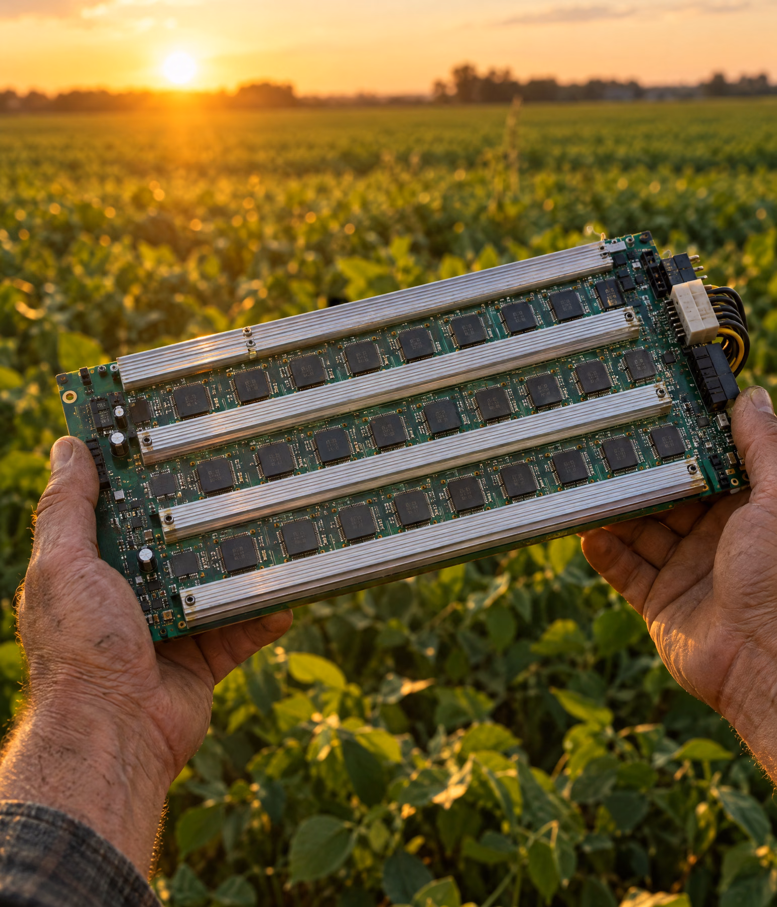Bitcoin mining hashboard held up in a field